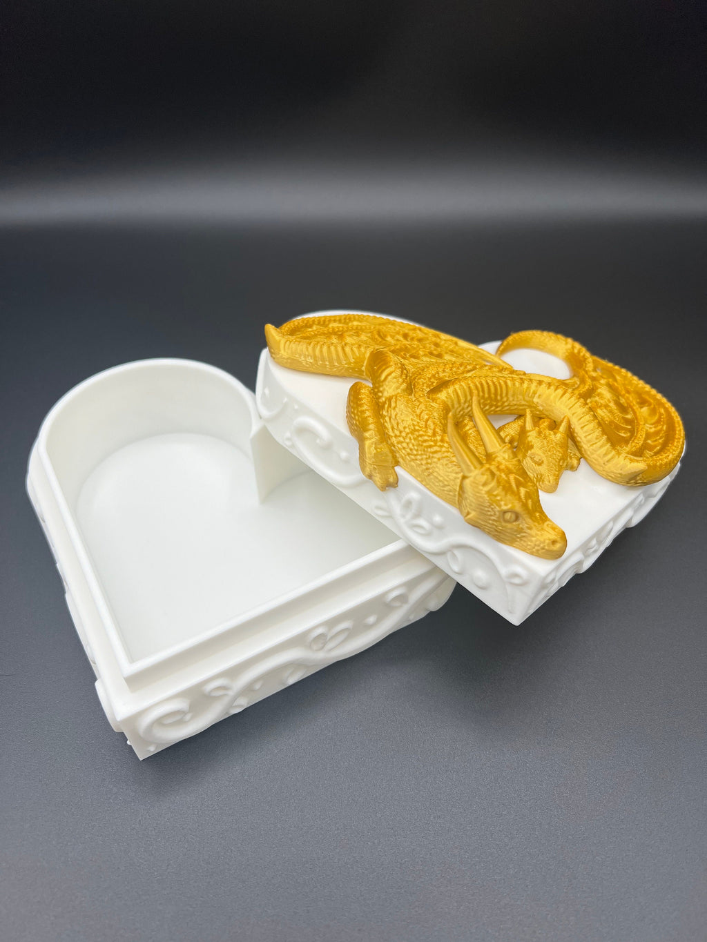 3D Printed Dragon Heart Jewelry Box: Gold Dragon, Medieval Storage