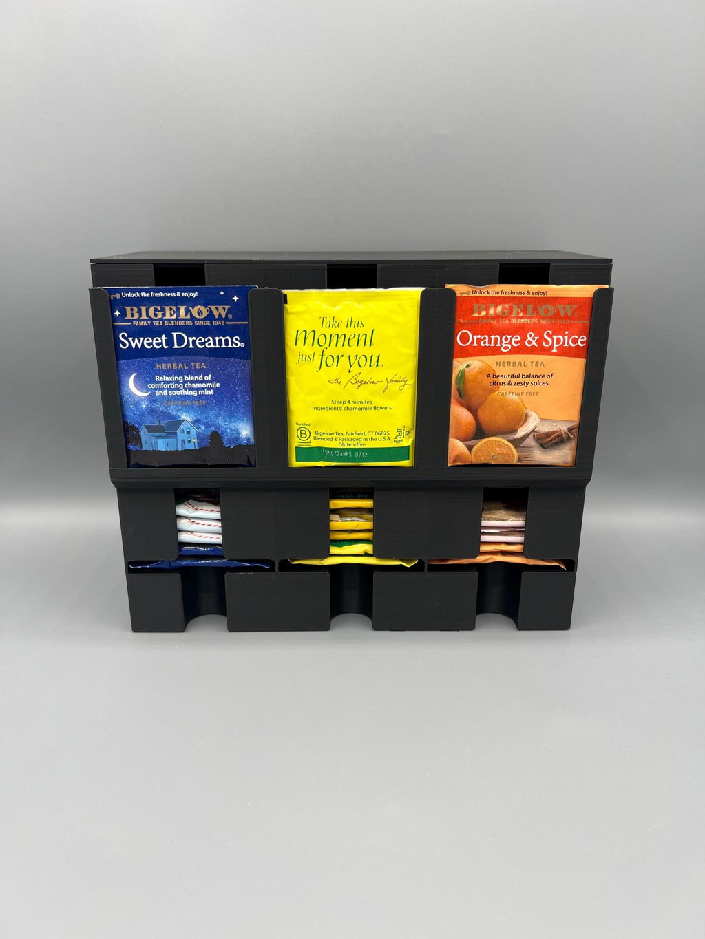 3D Printed Tea Packet Dispenser | Holds 3 Varieties, Gravity Feed, Custom Color