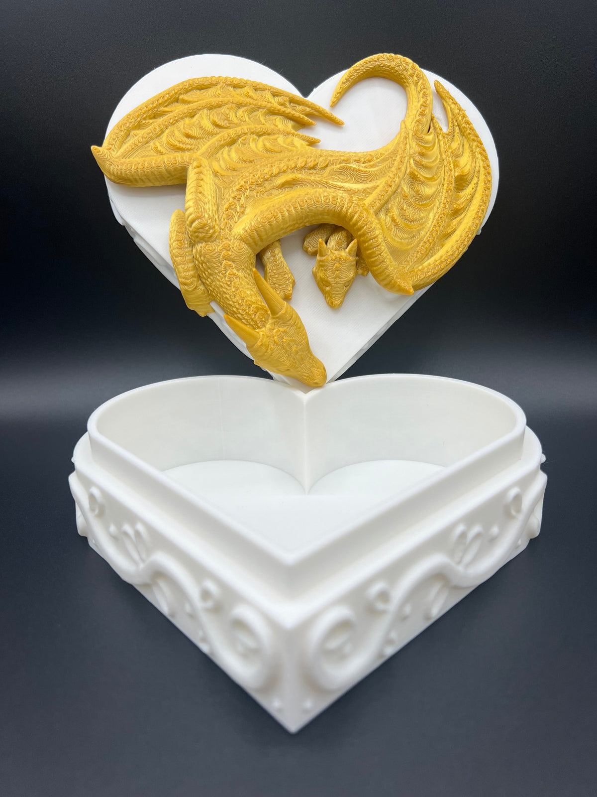 3D Printed Dragon Heart Jewelry Box: Gold Dragon, Medieval Storage