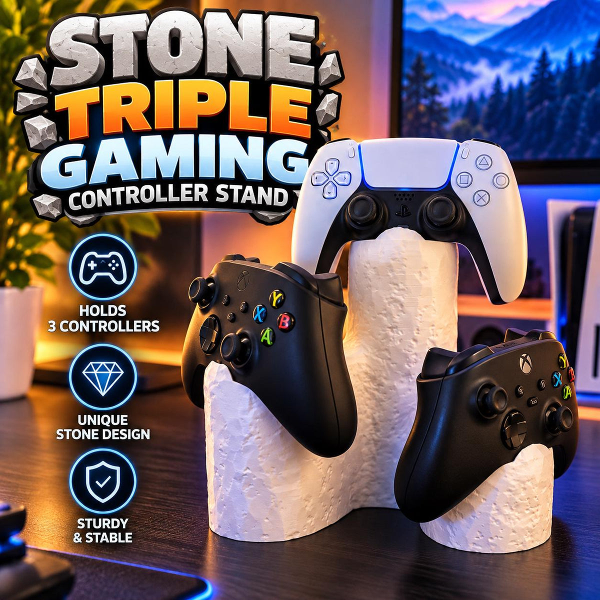 Stone Triple Gaming Controller Stand: Playstation, Xbox, Switch