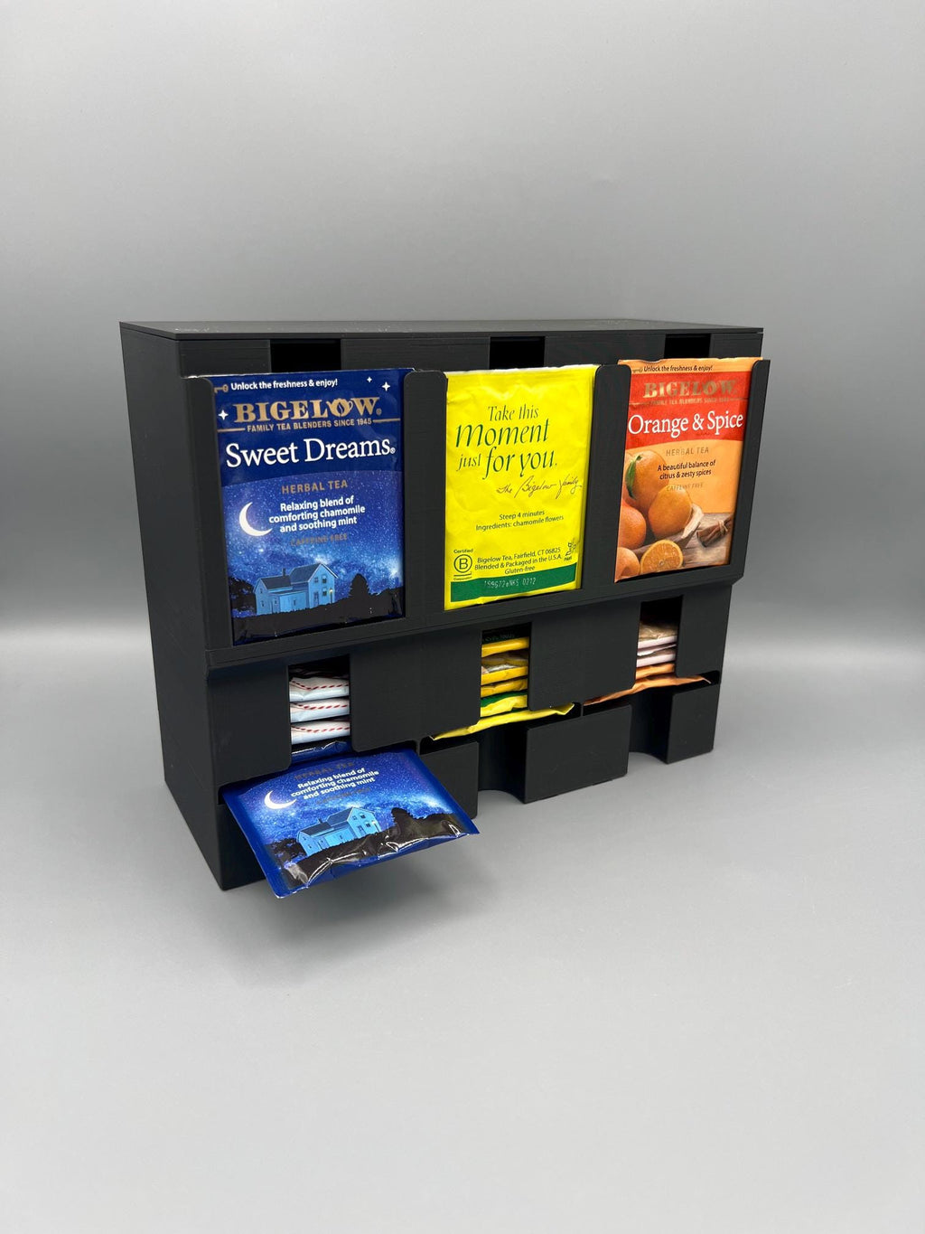 3D Printed Tea Packet Dispenser | Holds 3 Varieties, Gravity Feed, Custom Color