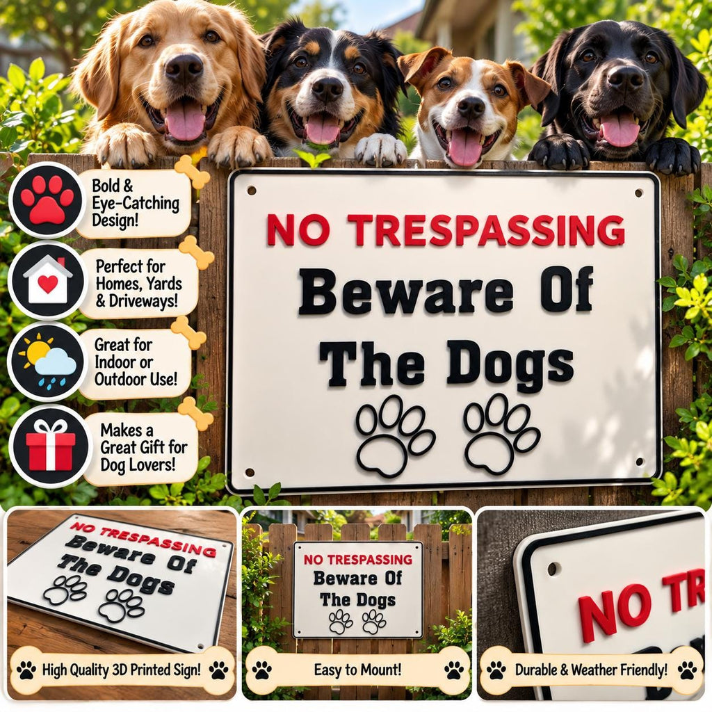 3D Printed Beware of Dogs Sign: Custom Color No Trespassing, PETG Outdoor Safe