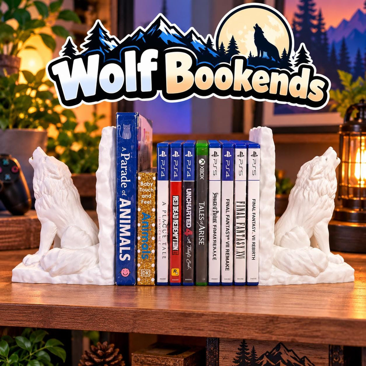3D Printed Wolf Bookends: Books & Game Storage