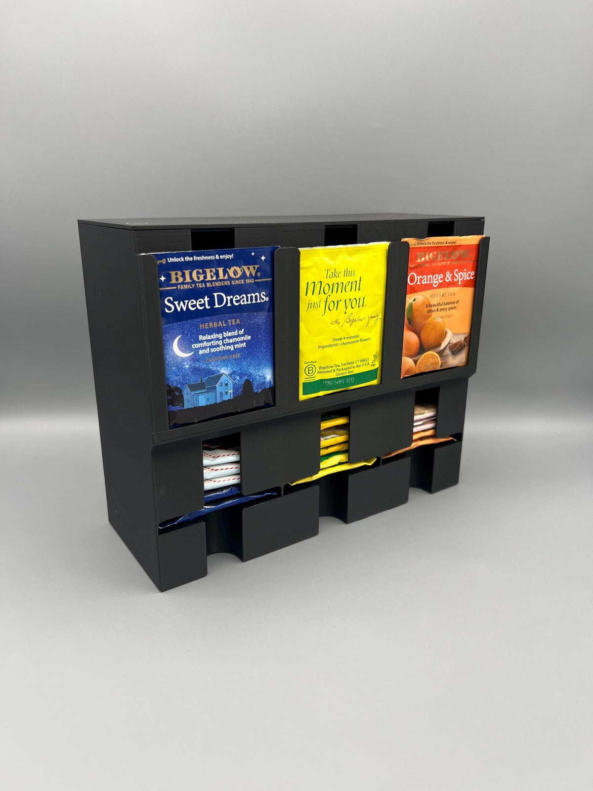 3D Printed Tea Packet Dispenser | Holds 3 Varieties, Gravity Feed, Custom Color