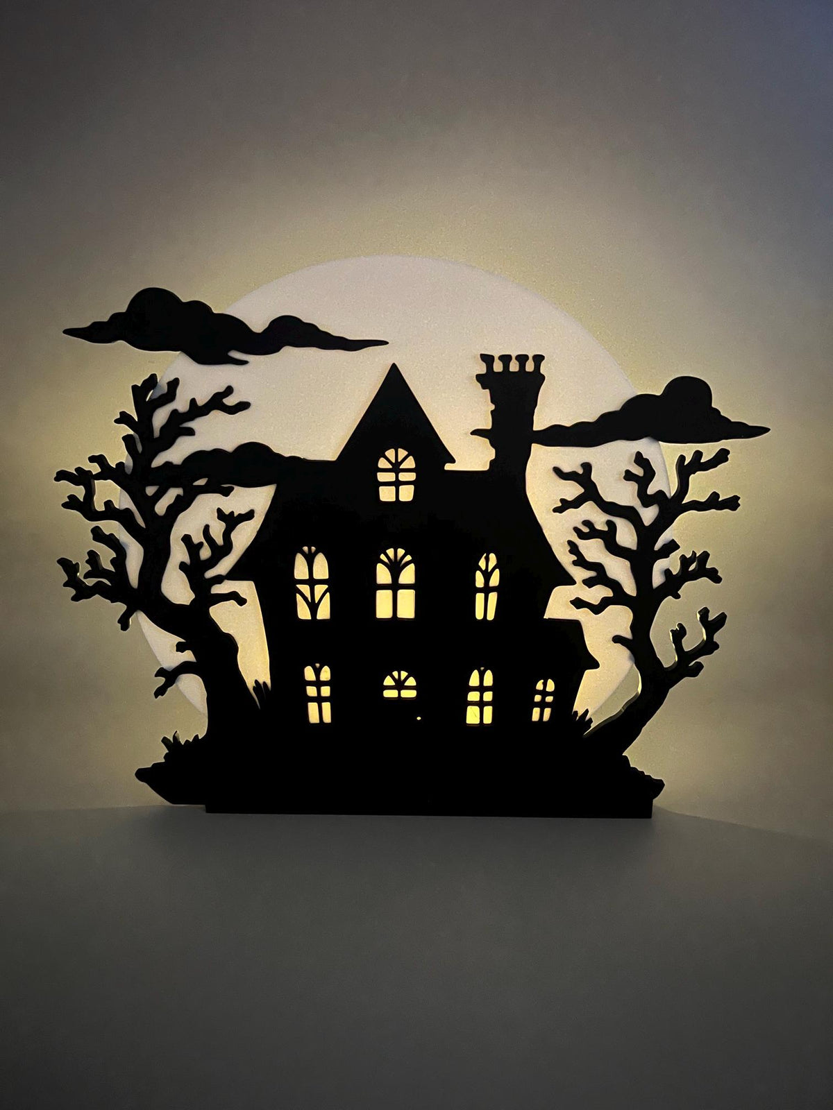 3D Printed Haunted House Silhouette Display | Spooky Halloween Moon Decor
