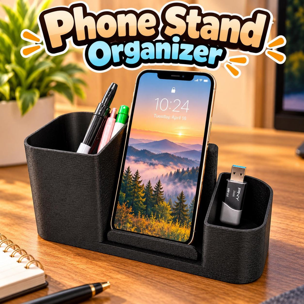 3D Printed Phone Stand Organizer | Desk Accessory with Pen Holder