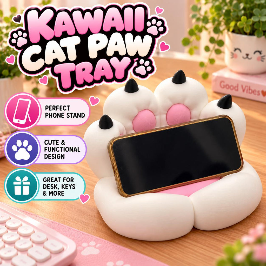 Kawaii Cat Paw Tray: 3D Printed Desk Organizer & Phone Stand