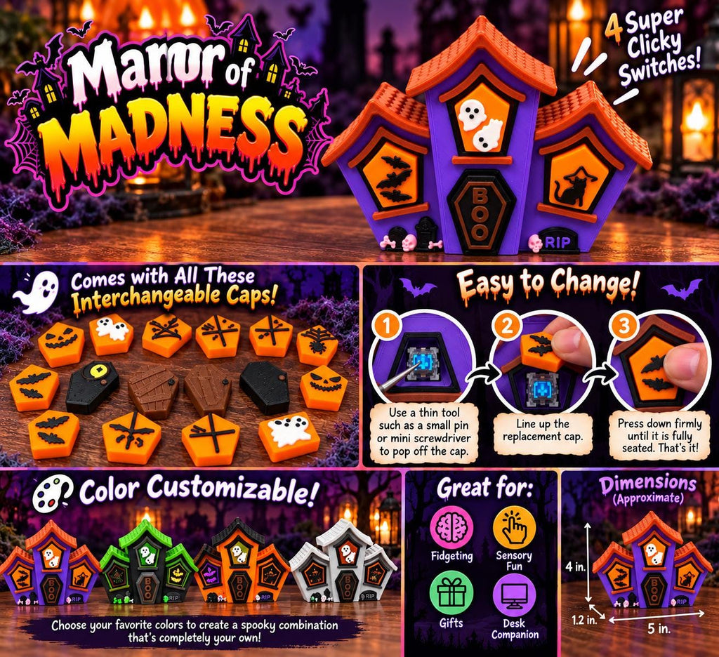 Manor of Madness Clicker Toy | Halloween Fidget Toy | 3D Printed Sensory Toy | Clicky Fidget | Interchangeable Caps | Desk Toy