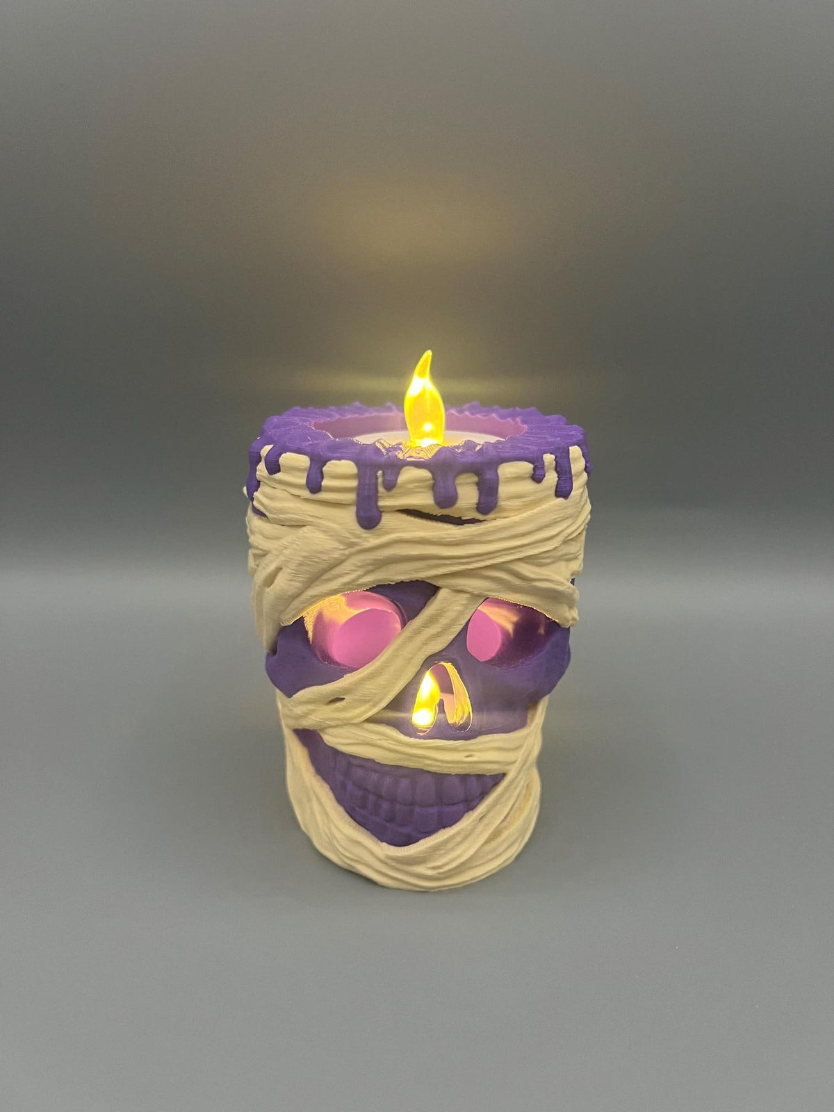3D Printed Mummy Tealight Holder – Spooky Halloween Decor, Glowing Eyes & Nose