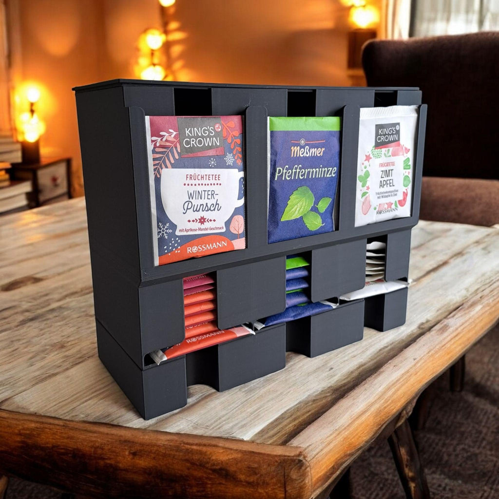 3D Printed Tea Packet Dispenser | Holds 3 Varieties, Gravity Feed, Custom Color