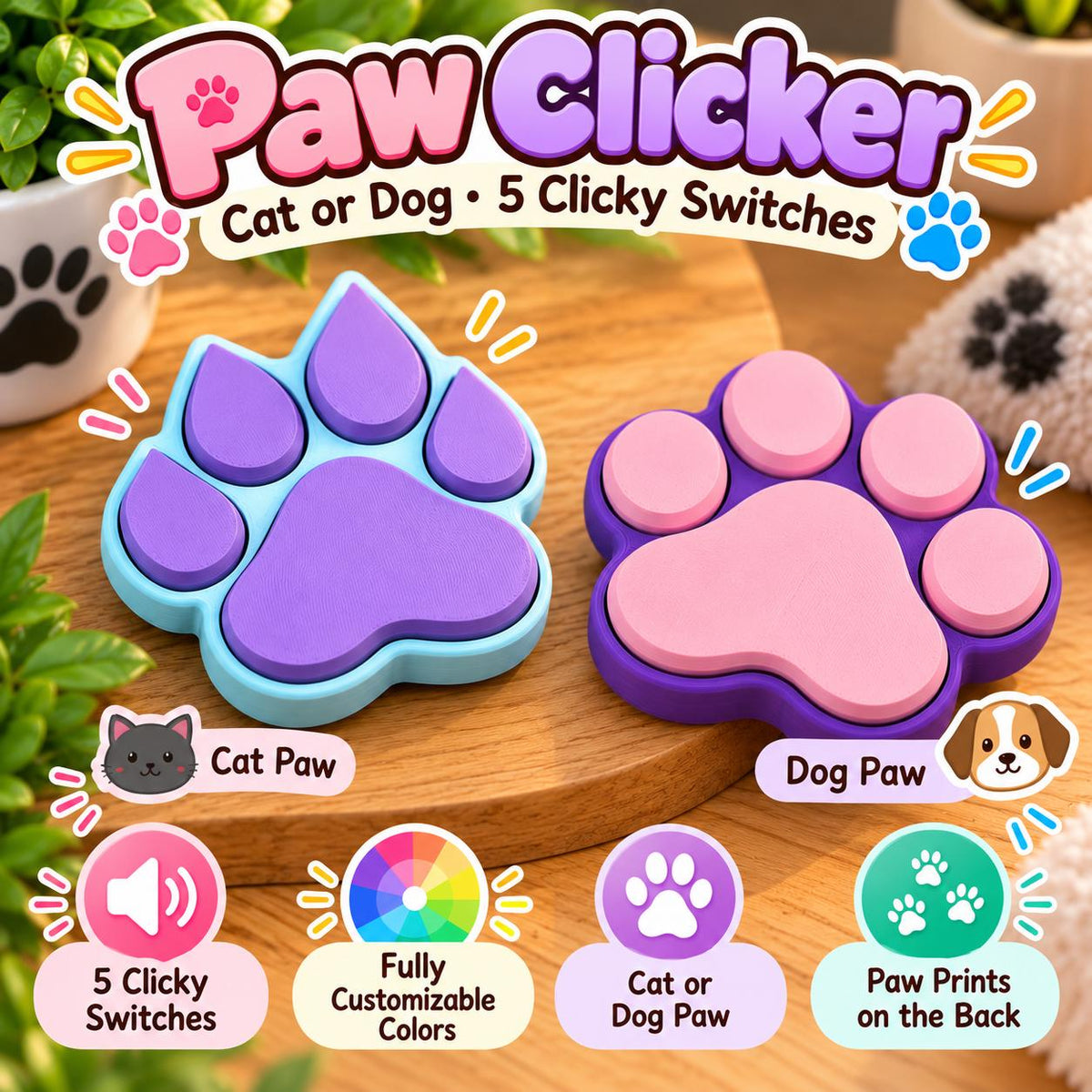 3D Printed Cat or Dog Paw Clicker Fidget Toy, 5 Switch Paw Fidget, ASMR Clicker, Sensory Toy, Pet Lover Gift, Customizable Keychain