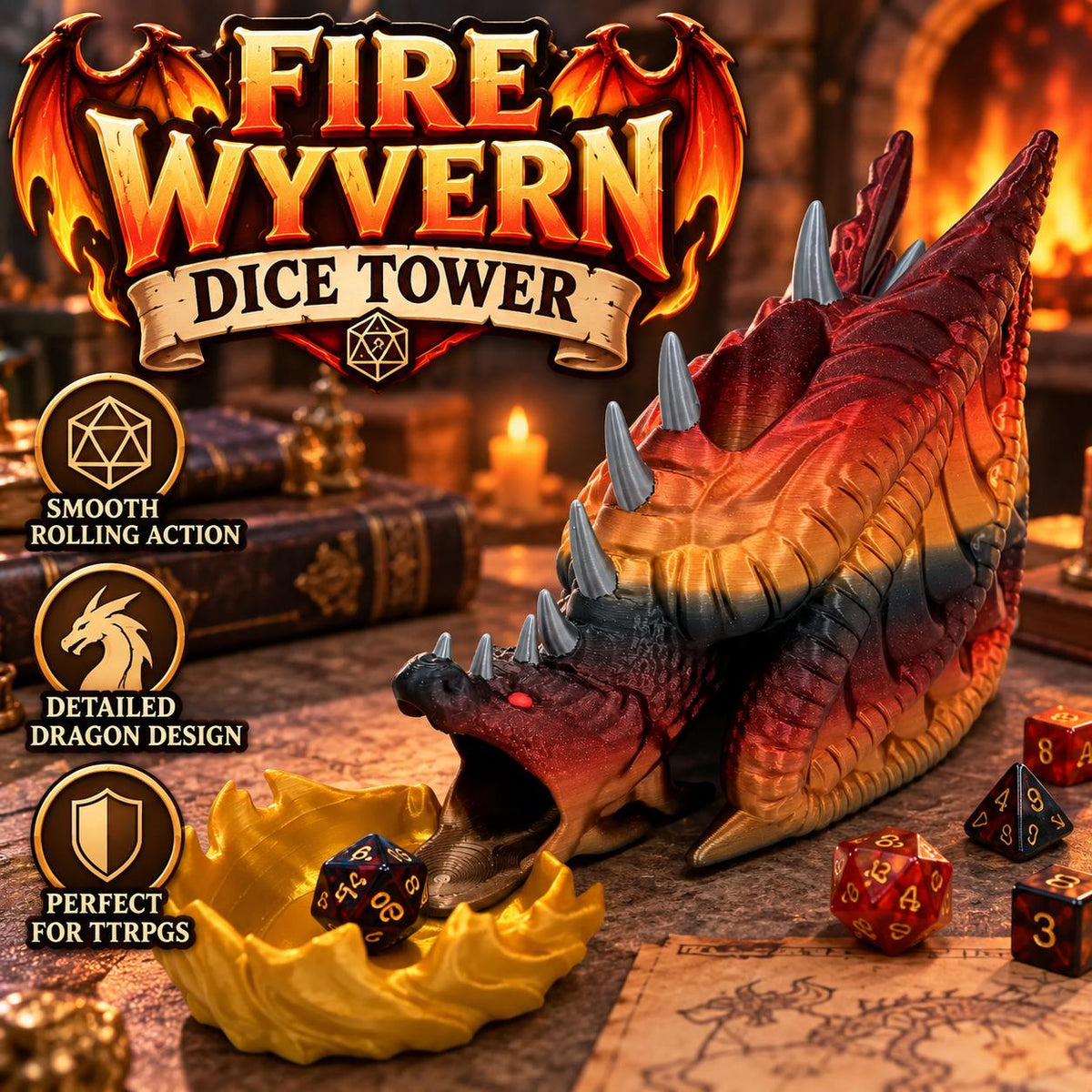 Fire Wyvern Dice Tower: 3D Printed Tri-Color Dragon Gaming Accessory