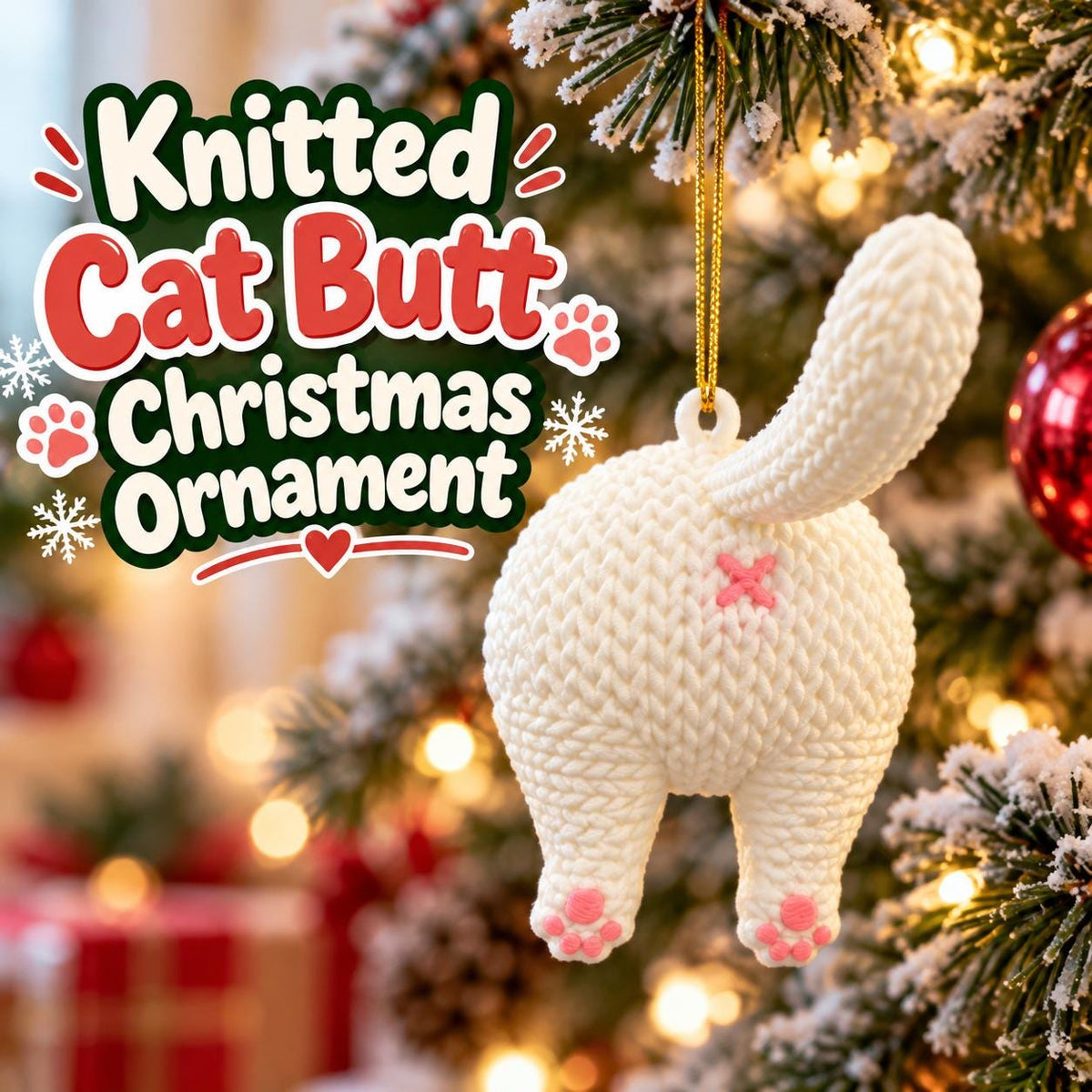 3D Printed Knitted Cat Butt Christmas Ornament: Funny Holiday Decor