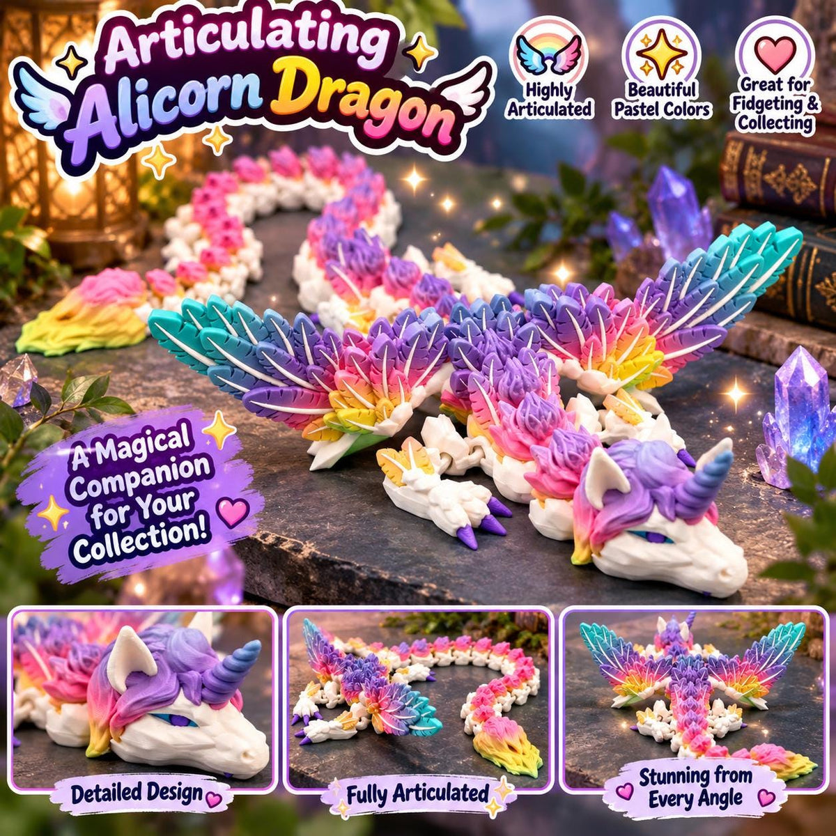 3D Printed Articulating Alicorn Dragon: Rainbow Unicorn Pegasus Fidget Toy