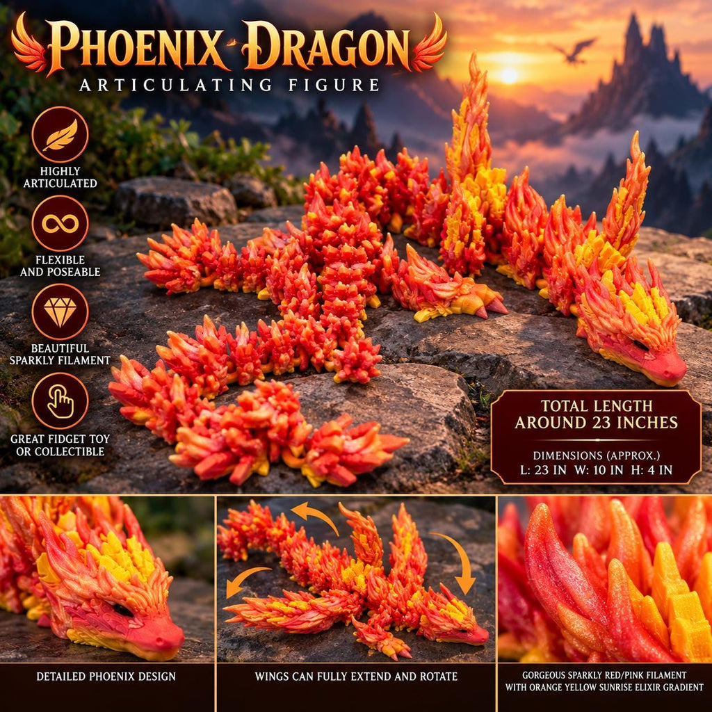Articulating Phoenix Dragon | 23" Flexi Fidget Toy, Sunrise Gradient PLA, Poseable Fantasy Collectible