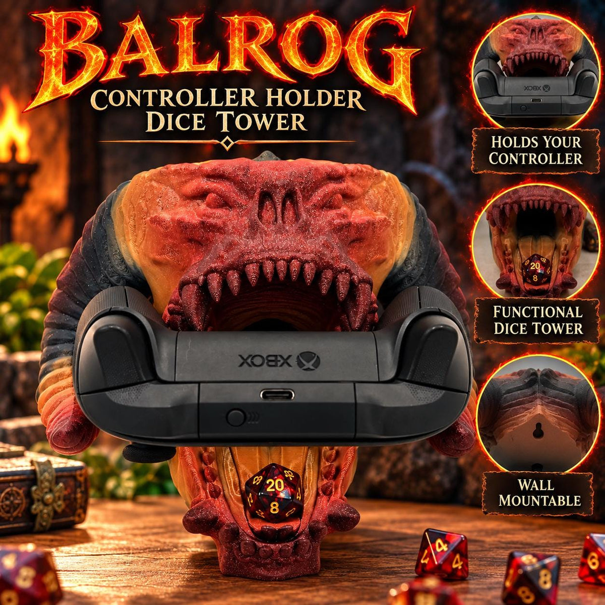 Balrog Multipurpose Head: Xbox Controller Dock, Dice Tower & Wall Mount