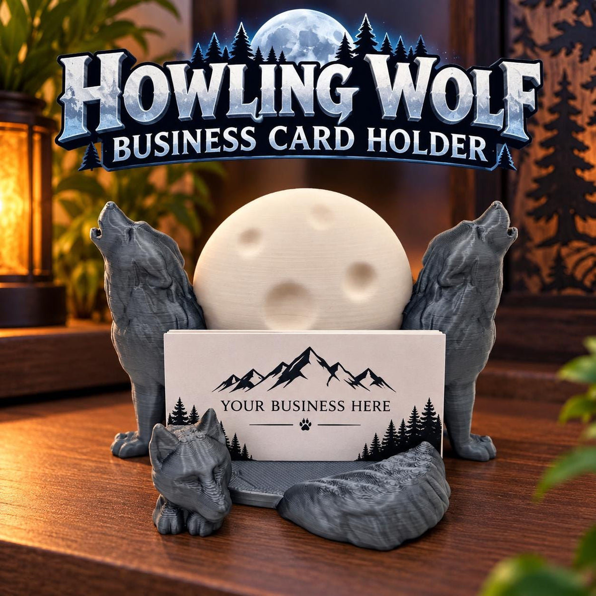 Howling Wolf Business Card Holder: 3D Printed Desk Organizer