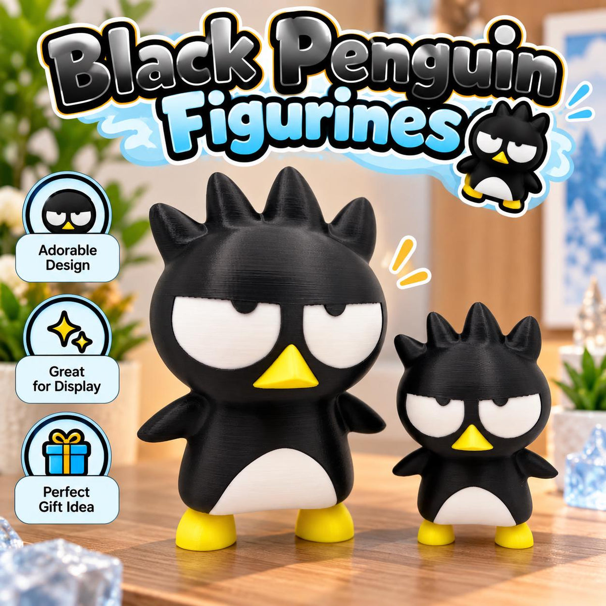 3D Printed Black Penguin Figurine: Unamused Desk Decor