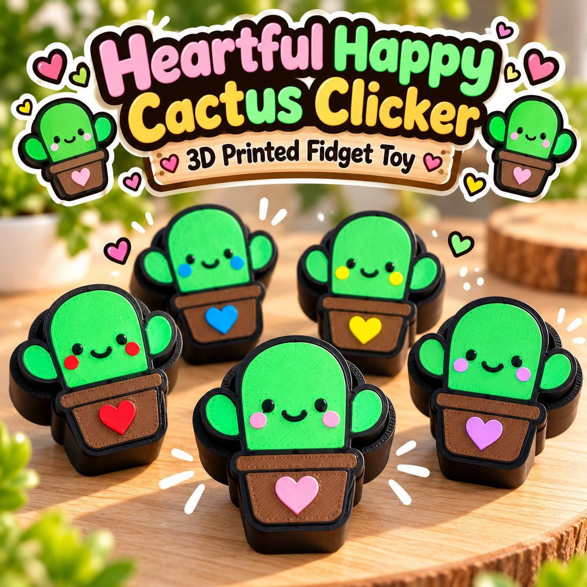 Heartful Happy Cactus Clicker – 3D Printed Fidget Toy & Sensory Toy
