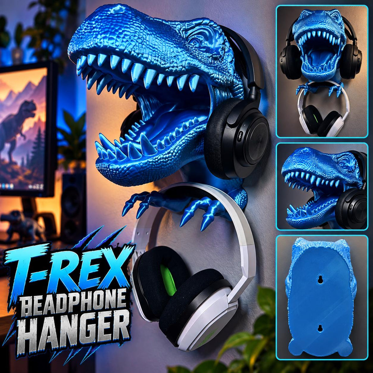 3D Printed T-Rex Headphone Hanger: Wall Mounted Dinosaur Headset Holder