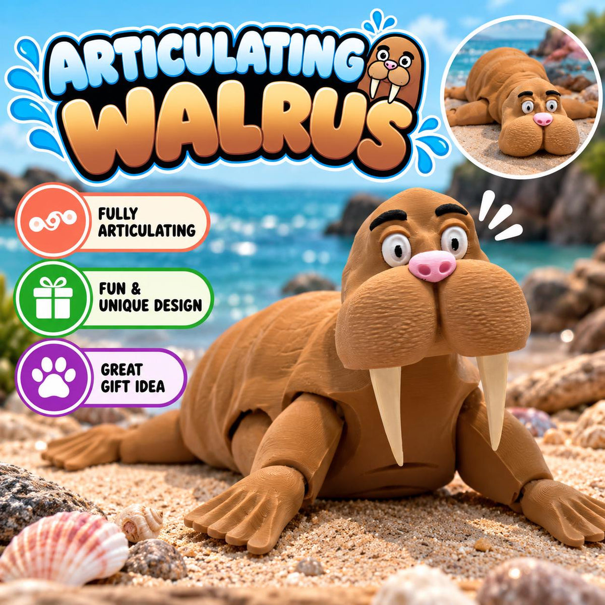3D Printed Articulating Walrus Toy: Flexible Fidget, Kawaii Sea Animal