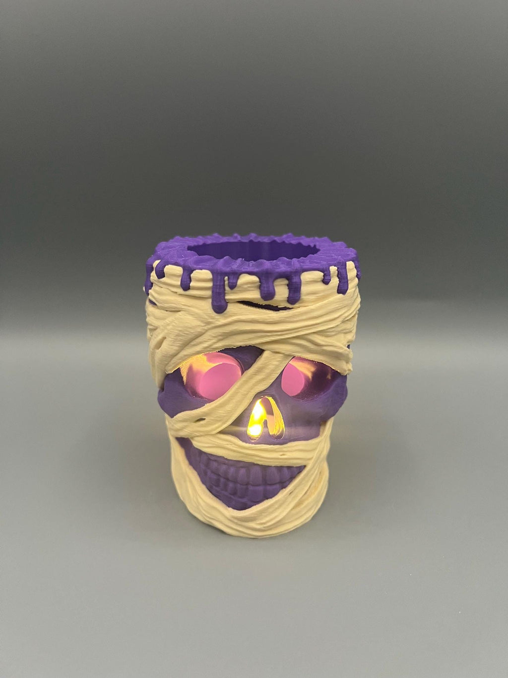 3D Printed Mummy Tealight Holder – Spooky Halloween Decor, Glowing Eyes & Nose