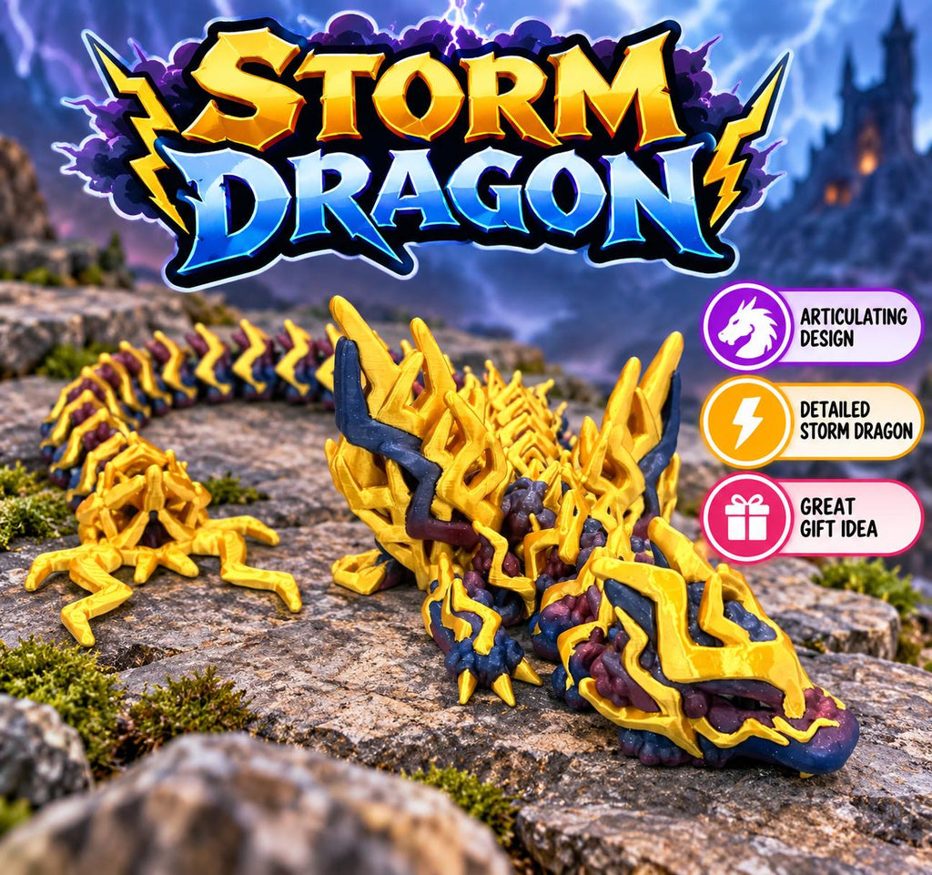 3D Printed Flexi Storm Dragon | Articulating Fidget Toy, Starry Night Body, Gold Accents