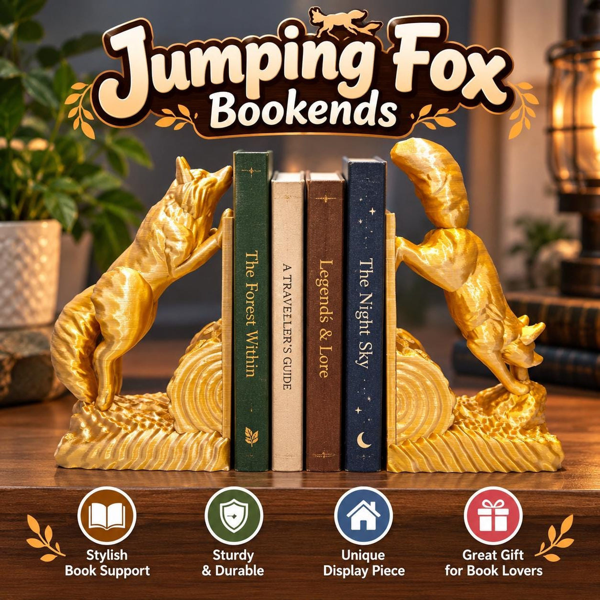 3D Printed Jumping Fox Bookends: Books & Game Storage
