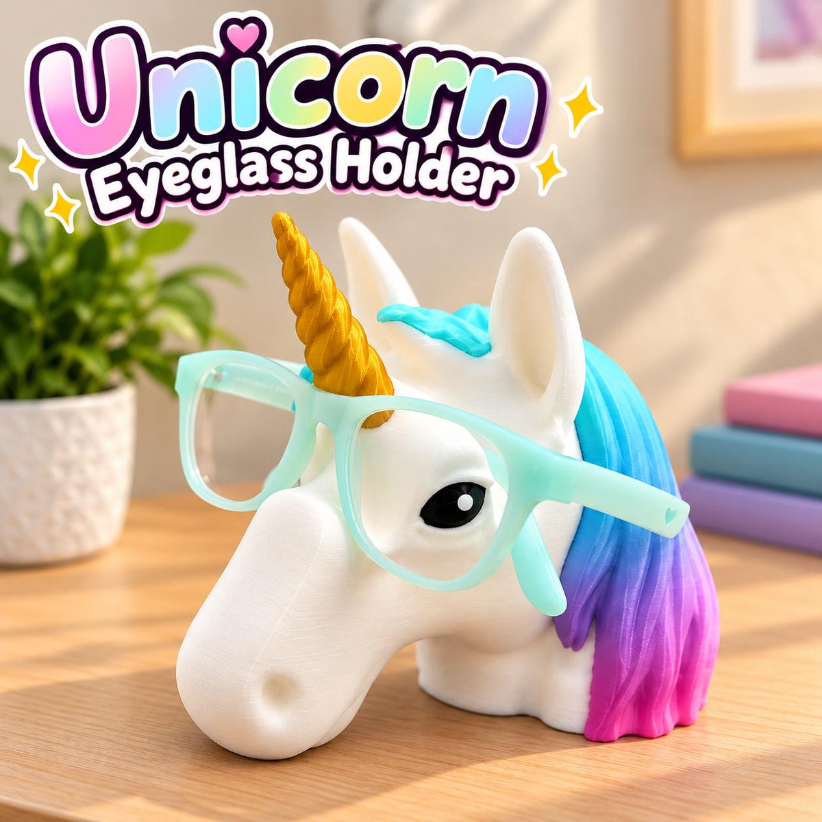 3D Printed Unicorn Eyeglass Holder: Rainbow Mane Desk Decor