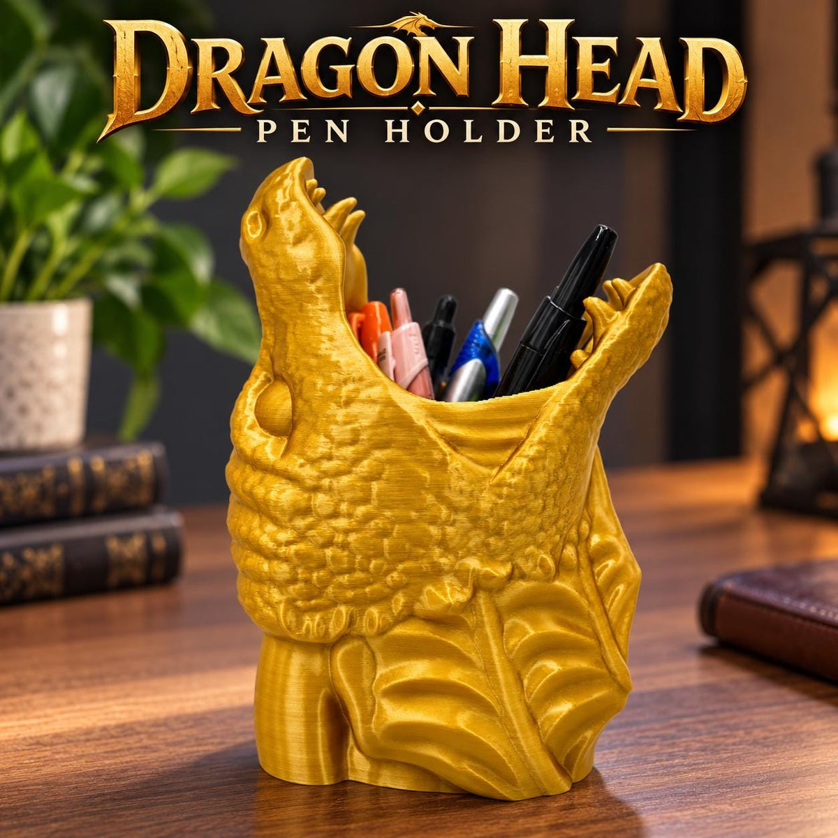 3D Printed Dragon Head Pen Holder: Medieval Desk Organizer