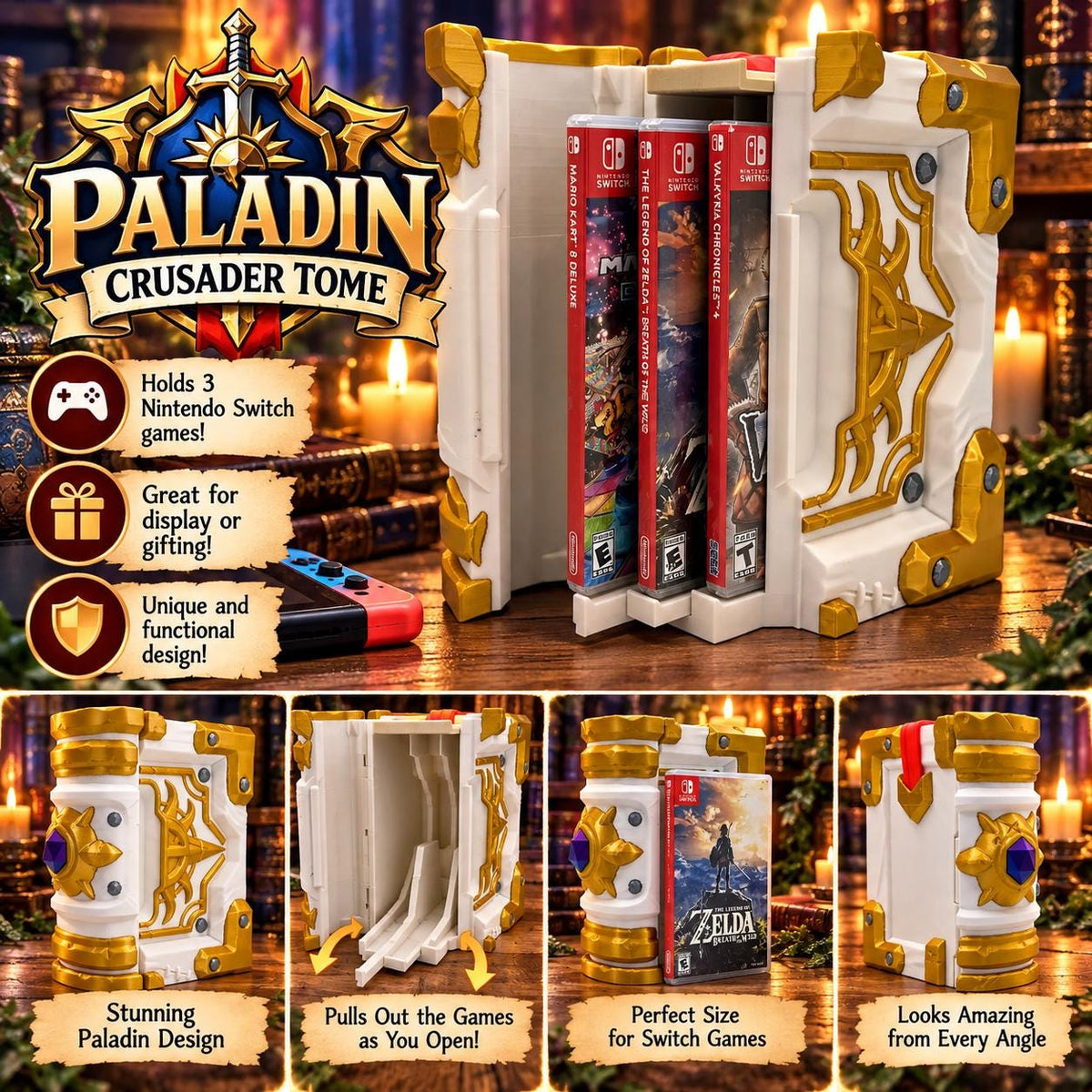 Paladin Crusader Tome Nintendo Switch Game Holder: 3-Game Storage