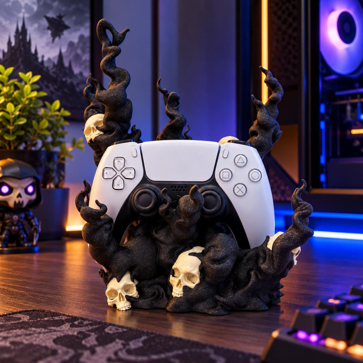 3D Printed Spooky Skull Gaming Controller Stand: Gothic Flame Design