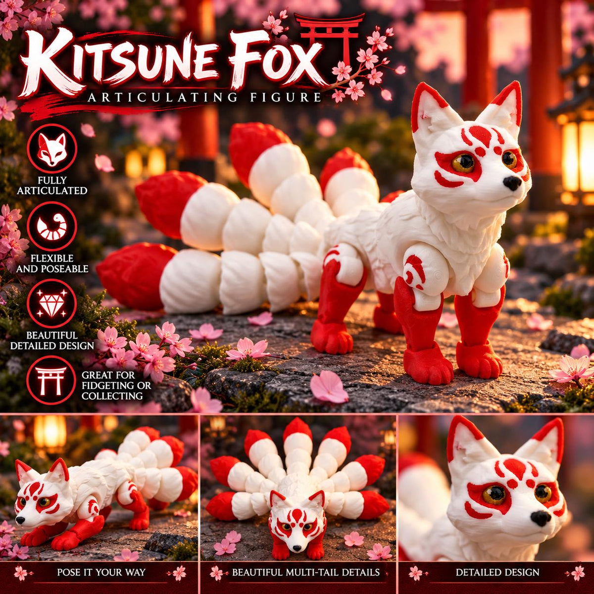 3D Printed Kitsune Figurine: Articulated Flexible Fidget Toy