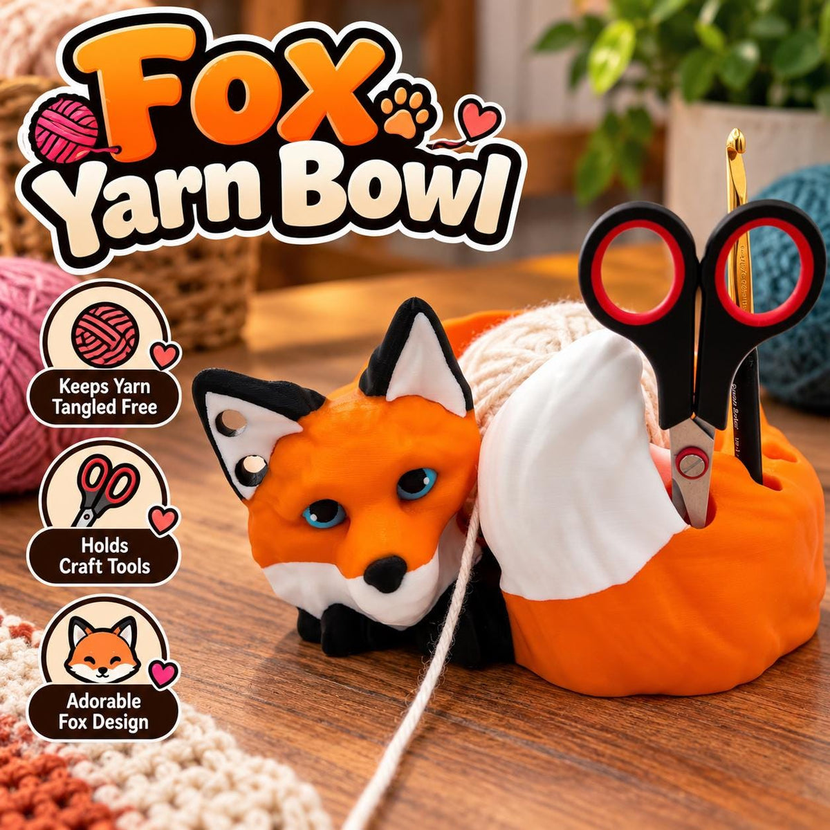 3D Printed Fox Yarn Bowl: Crochet & Knitting Accessory Organizer