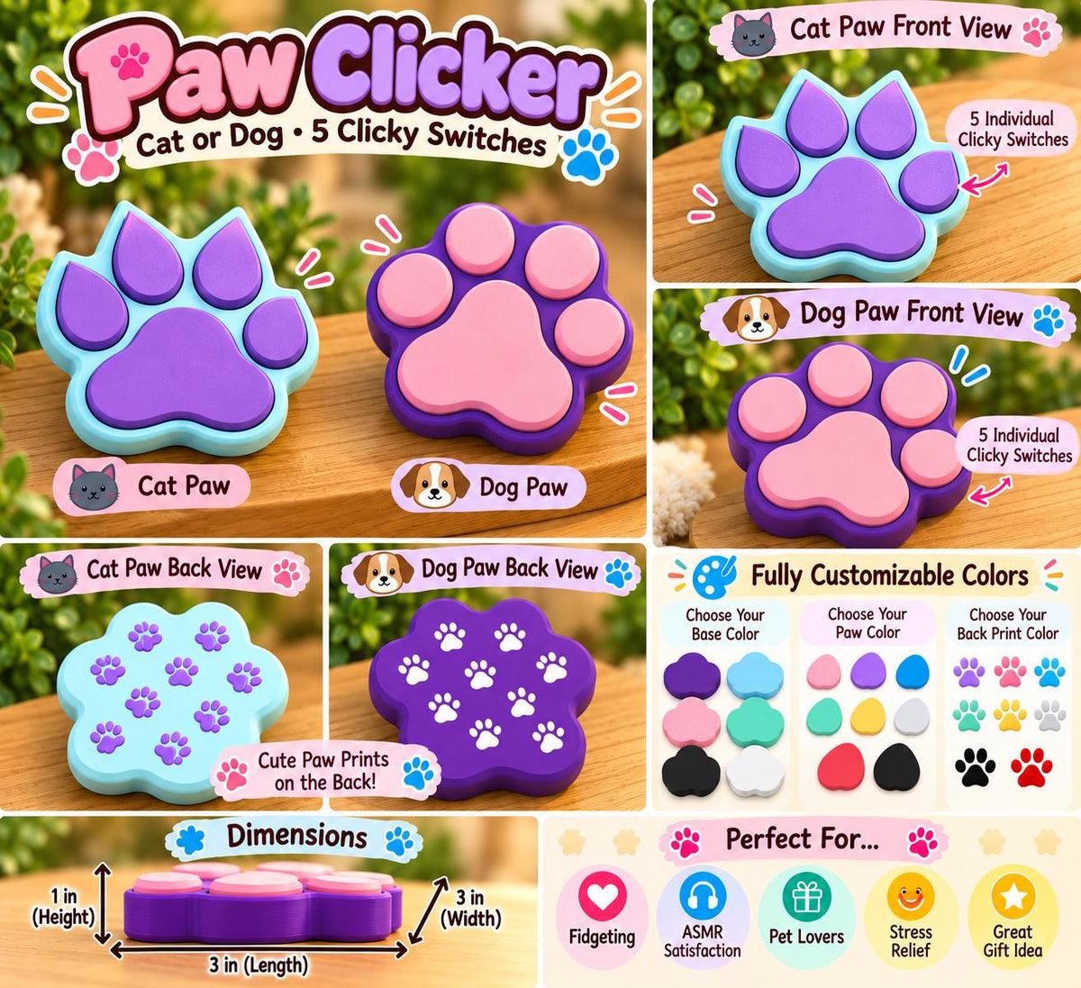 3D Printed Cat or Dog Paw Clicker Fidget Toy, 5 Switch Paw Fidget, ASMR Clicker, Sensory Toy, Pet Lover Gift, Customizable Keychain