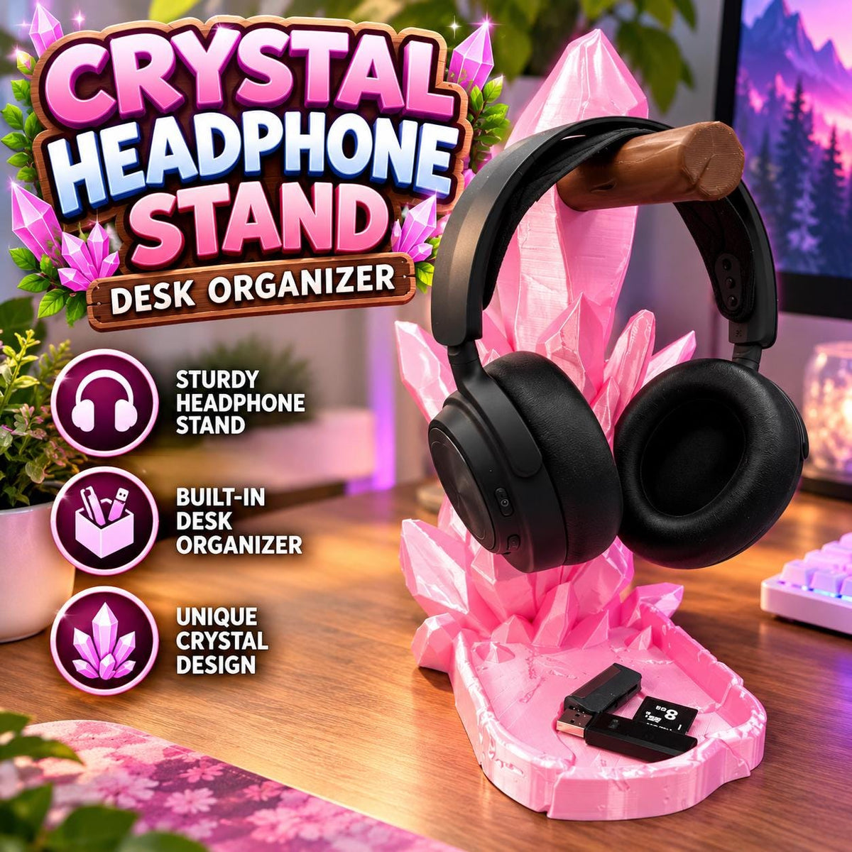 3D Printed Crystal Headphone Stand: Gaming Headset Holder & Desk Organizer