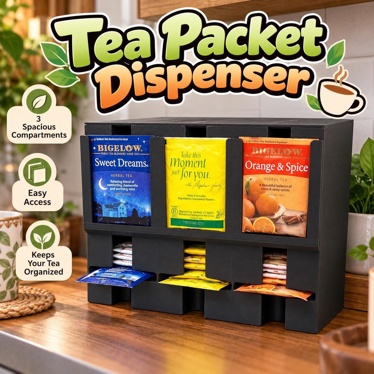 3D Printed Tea Packet Dispenser | Holds 3 Varieties, Gravity Feed, Custom Color