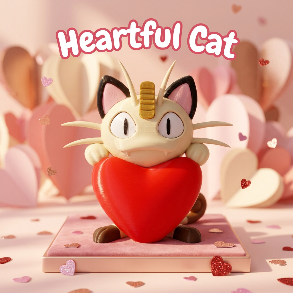 3D printed Heartful Cat holding a red heart on a pink Valentine's Day background